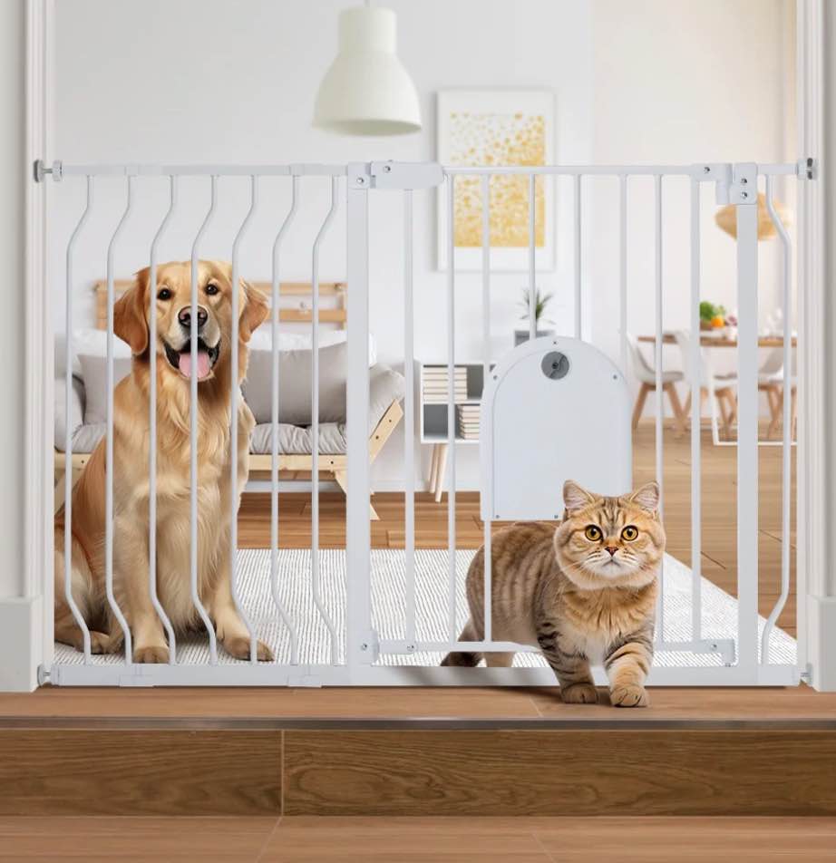29.5-48.4" Wide Pet Gate with Cat Door, Pressure Mount, Safety Gate Gift,White