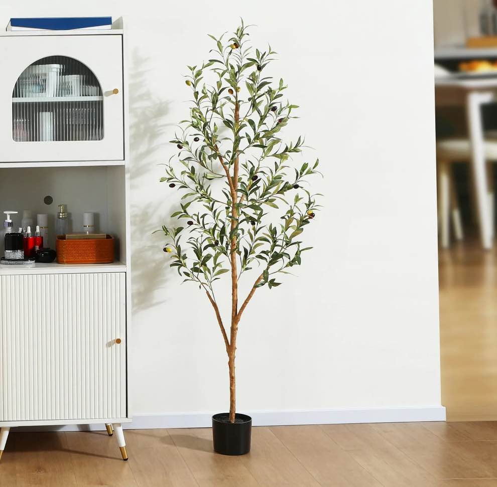 5 ft Artificial Olive Plants with Realistic Leaves and Natural Trunk, Silk Fake Olive Tree in Black Plastic Pot, Faux Olive Tree for Office Home