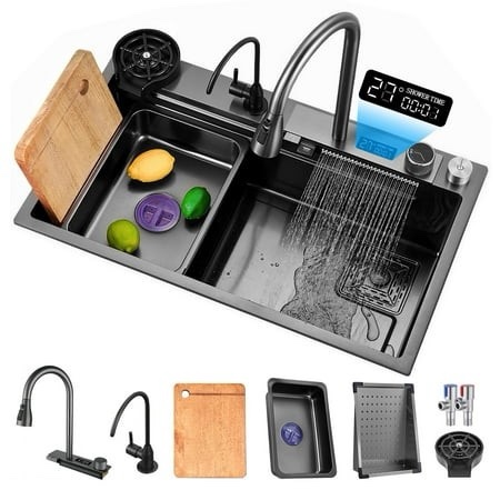 Waterfall Kitchen Sink, 26.77" Single Bowl Drop In Kitchen Sink with Pull-Out Faucet, Thickened Stainless Steel Digital Display Kitchen Sink, Black