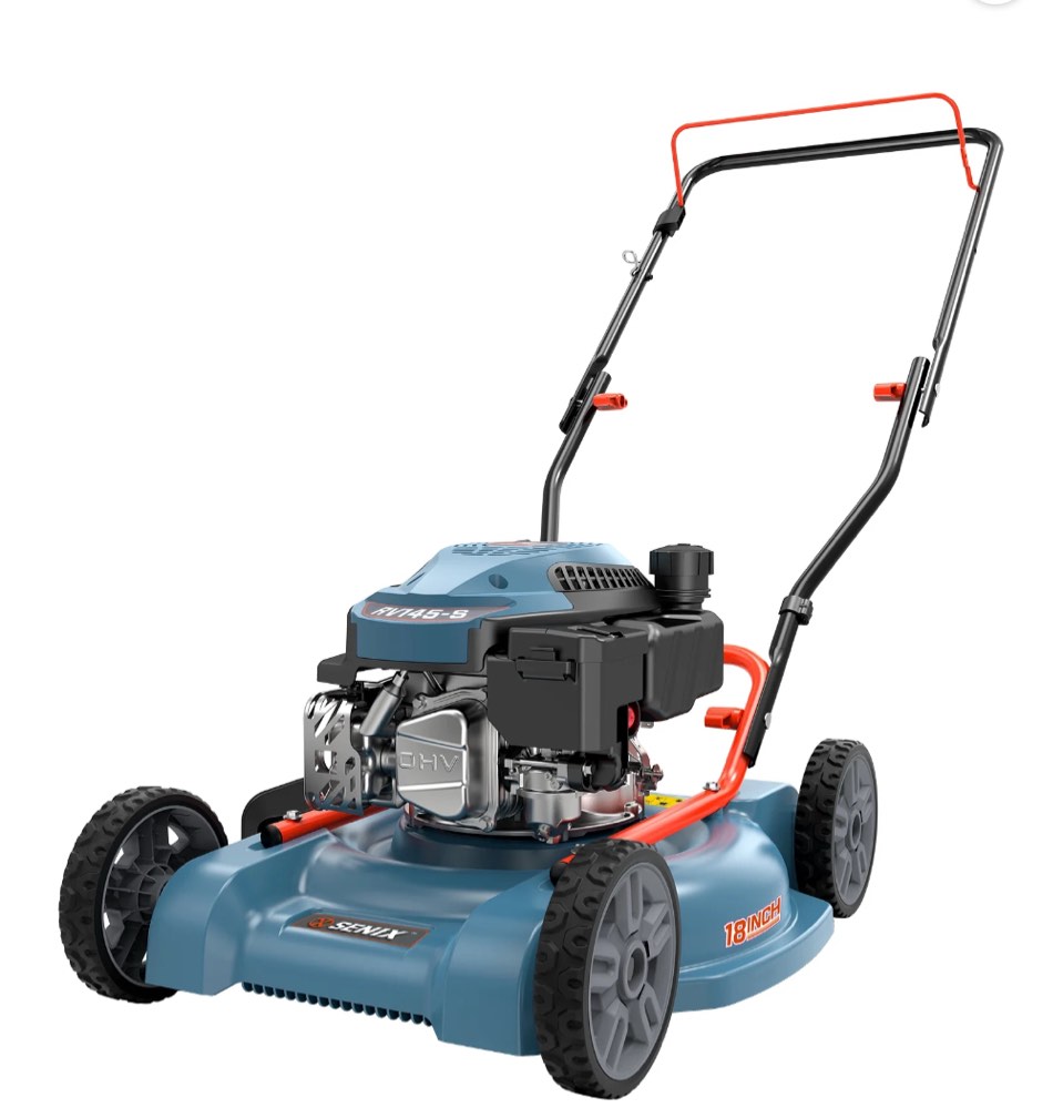 SENIX 18in Gas Lawn Mower  144cc 4-Cycle Engine  Push Lawnmower with Side Discharge  LSPG-L1