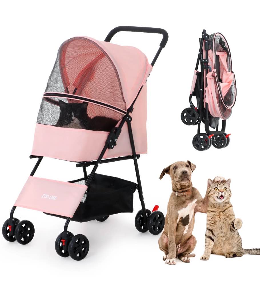 Zoolike Pet Stroller for Cats and Dogs, 4-Wheeled Foldable Travel Carrier with Storage Basket, Pink
