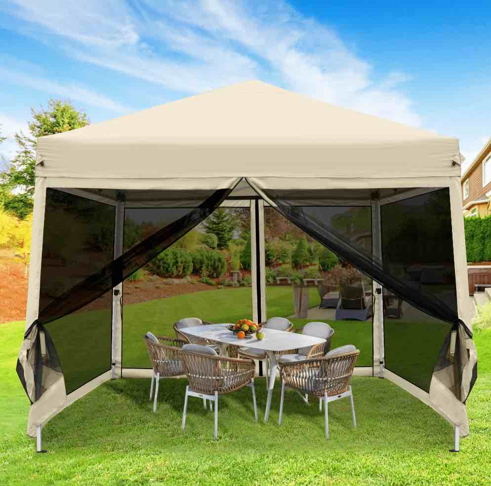 GVDV 10ft x 10ft Pop-Up Canopy, Outdoor Canopy tent with Adjustable Height, Mosquito Netting, Zipper Doors, and Carry Bag