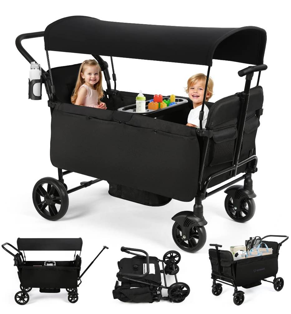 Vomeast Wagon Stroller for Kids, Spacious 2-Seater Stroller Wagon with Adjustable Canopy, Pull & Push Handle, 5-Point Harness, Foldable for Toddlers, Black