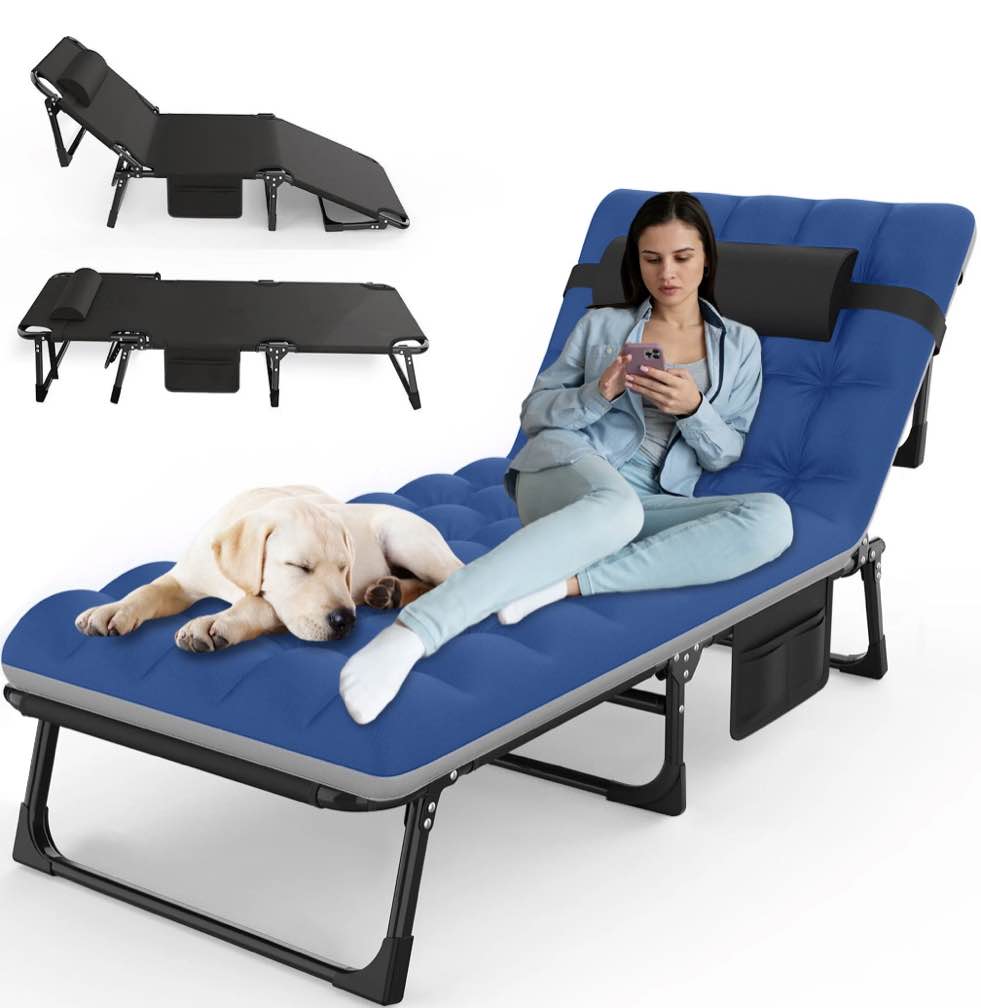 GVDV Portable Folding Camping Cot - Comfort Mattress & Pillow, Multi-Position Folding Chaise Lounge Chair, Oversized Folding Bed Cot for Outdoor, Home, Office