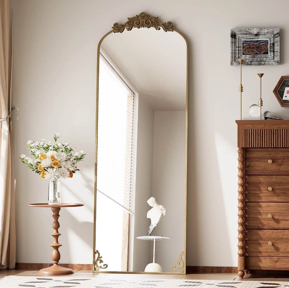 BEAUTYPEAK 72"x24" Full Length Mirror with Baroque Flower Head Design Wall-Mounted Mirror,Antique Gold
