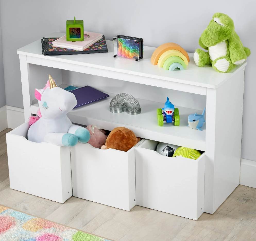 Your Zone Kids Toy Storage Cabinet with Three Rolling Bins, White Finish