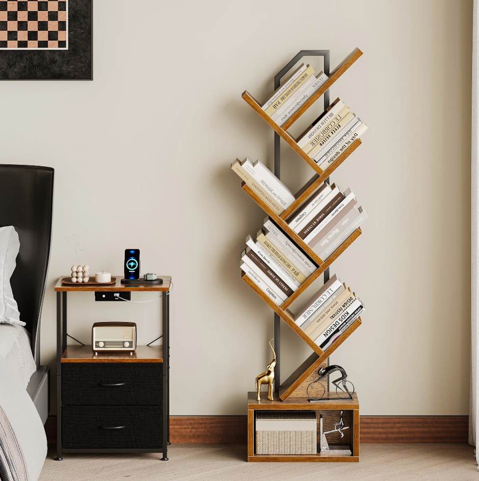 Casacomoda 6-Tier Tree Bookshelf for Corner & Small Space — Narrow Steel & Wood Bookcase, Tall Floor Standing Book Organizer Shelf with Storage Cabinet, Home Decor for Living Room, Bedroom, Vintage