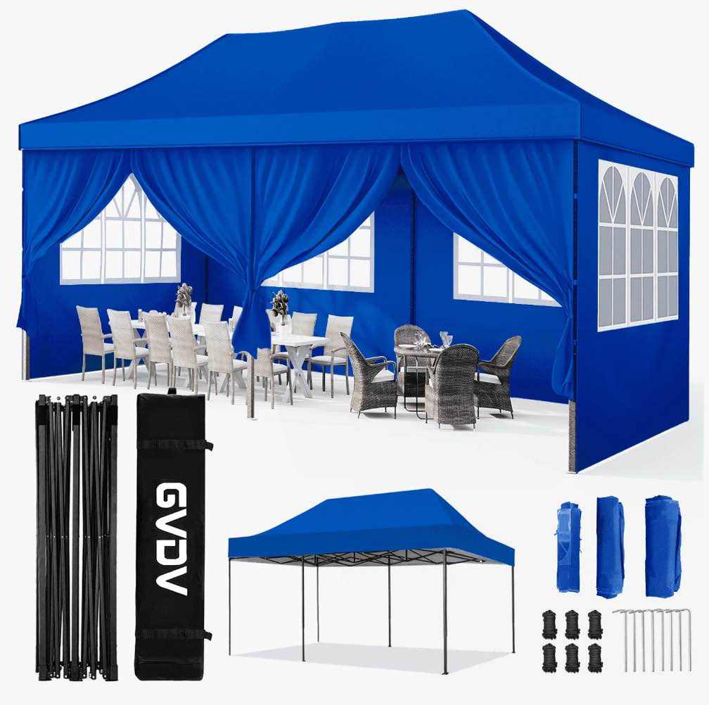 GVDV 10x20 Pop up Canopy with 6 Removable Sidewalls, Outdoor Canopy Tents for Partie Wedding, Instant Sun Protection Shelter with Upgrade Raised Roof and Carry Bag, Blue