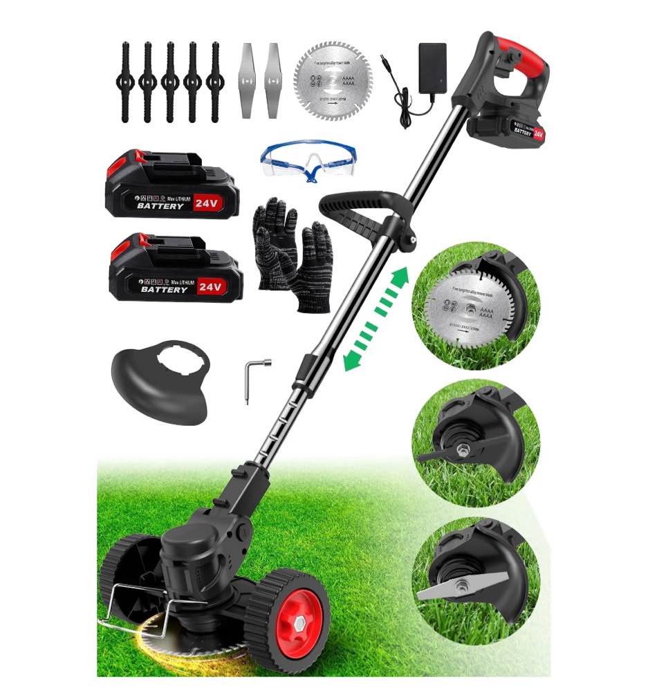 TNTANTS Electric Weed Wacker, Cordless String Trimmer with Wheels,  2Pcs 24V Batteries, 3 Types of Blades, Adjustable Length, Weed Eater Grass Trimmer/Edger/Brush Cutter for Lawn Yard Garden (Black)