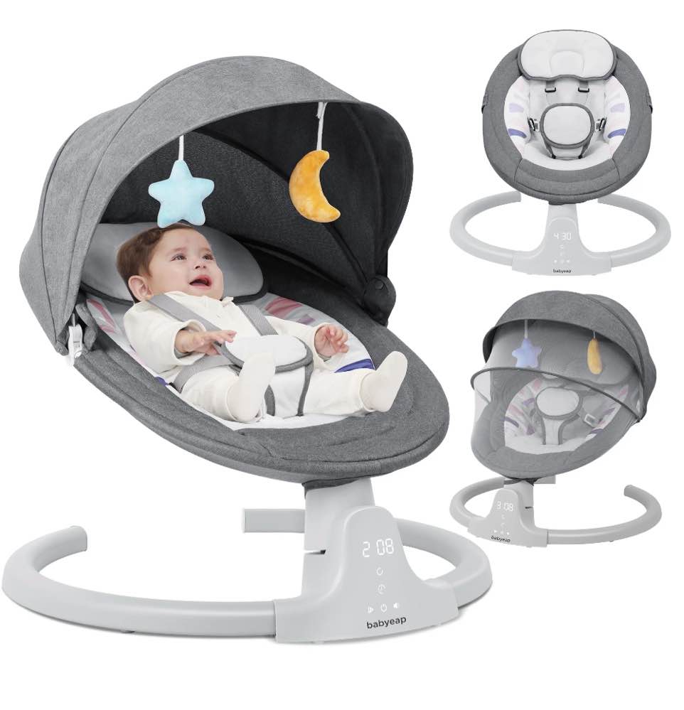 Babyeap Baby Swing for Infants - APP Remote Bluetooth Control, 5 Speed Settings, 10 Lullabies, USB Plug (Gray)