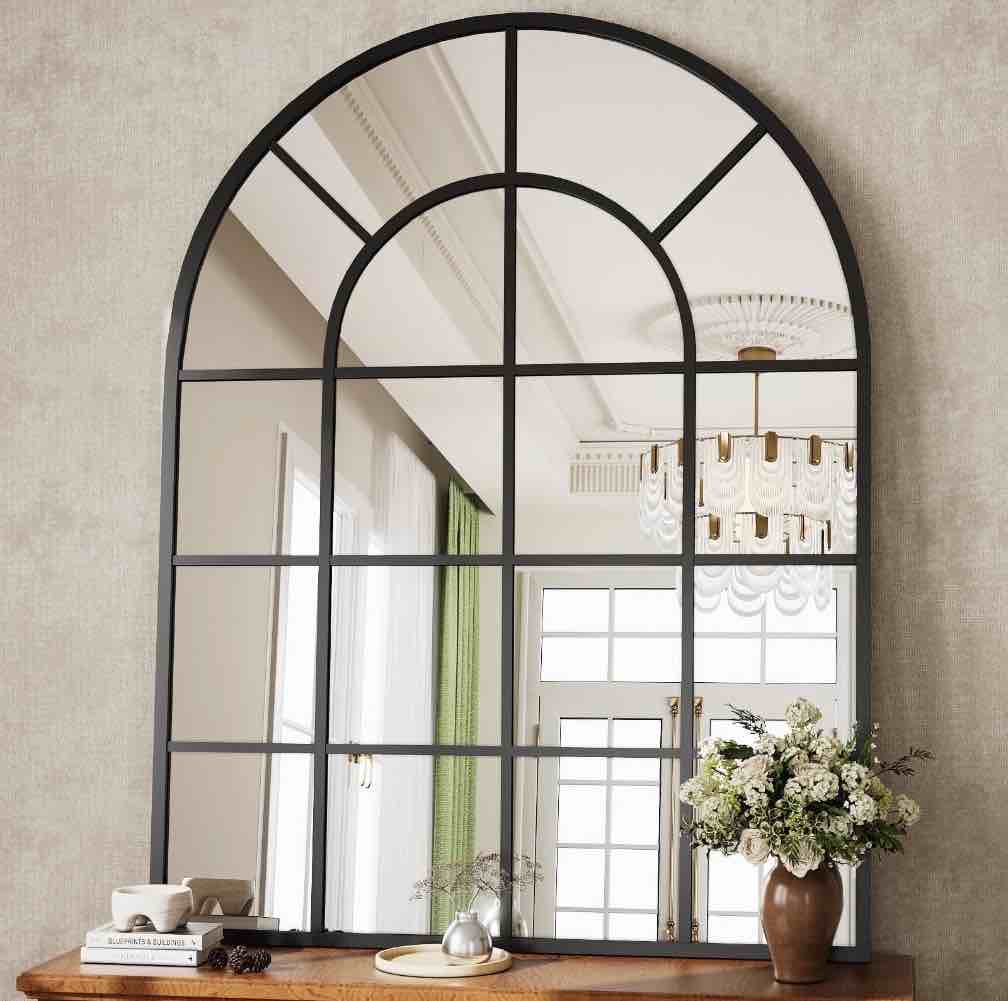 beautypeak 40" x 30" arched windowpane mirror decor wall mirror, black