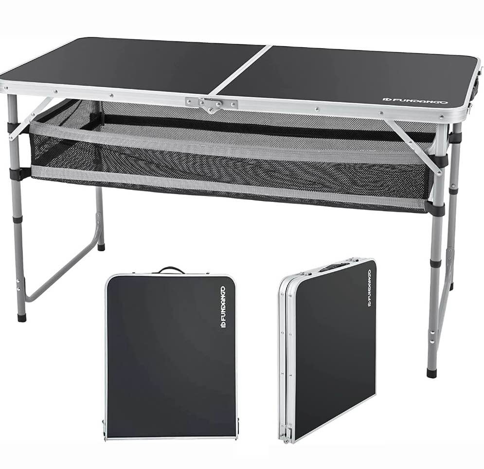 fundango black portable folding card table with adjustable mesh storage bag 2.7ft card table for camping, travel, outdoor folding card table with handle, 47.2"*23.6"*27.5", black