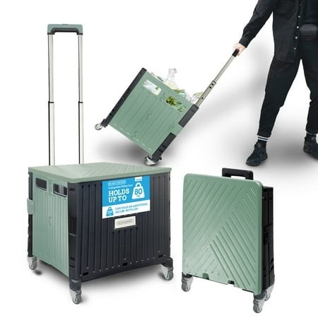 BLACK+DECKER Large Collapsible Pack N Roll Folding Utility Cart with Lid, 4 Wheels, Adjustable Handle, Heavy Duty, Black/Green
