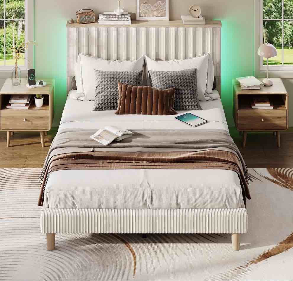 bestier twin size bed frame upholstered corduroy platform bed with led light & adjustable storage headboard for bedroom, cream