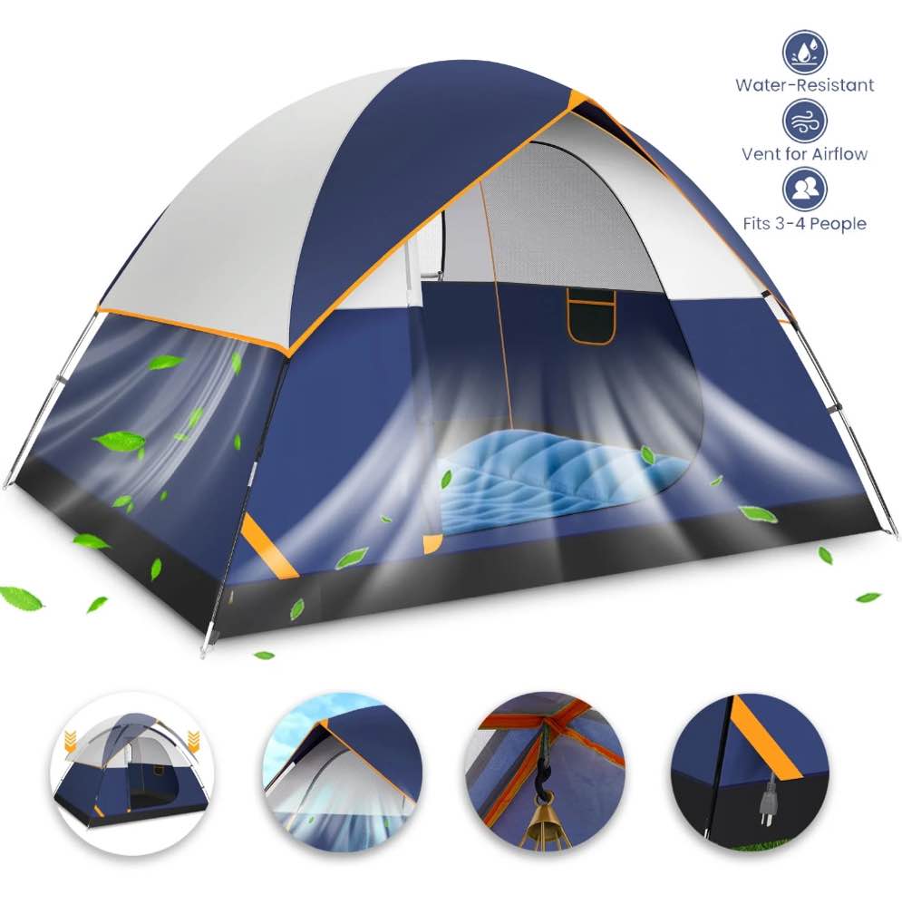 HOTEEL 4 Person Tent for Camping, Easy Setup Camping Tent with Rainfly & Screen Windows for Camping/Traveling/Family Gathering/Hiking/Beach, Dark Blue