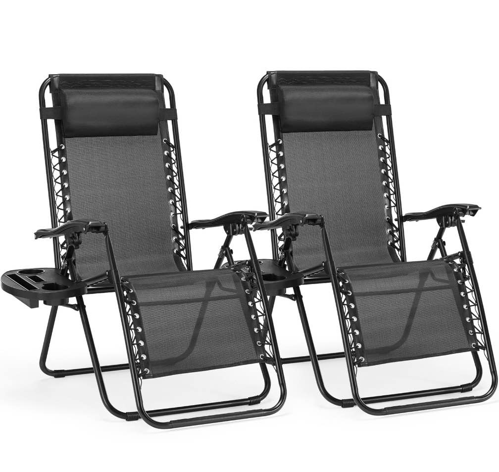 concetta 2 zero gravity lounge chairs, foldable reclining camping for patio, lawn, beach, black