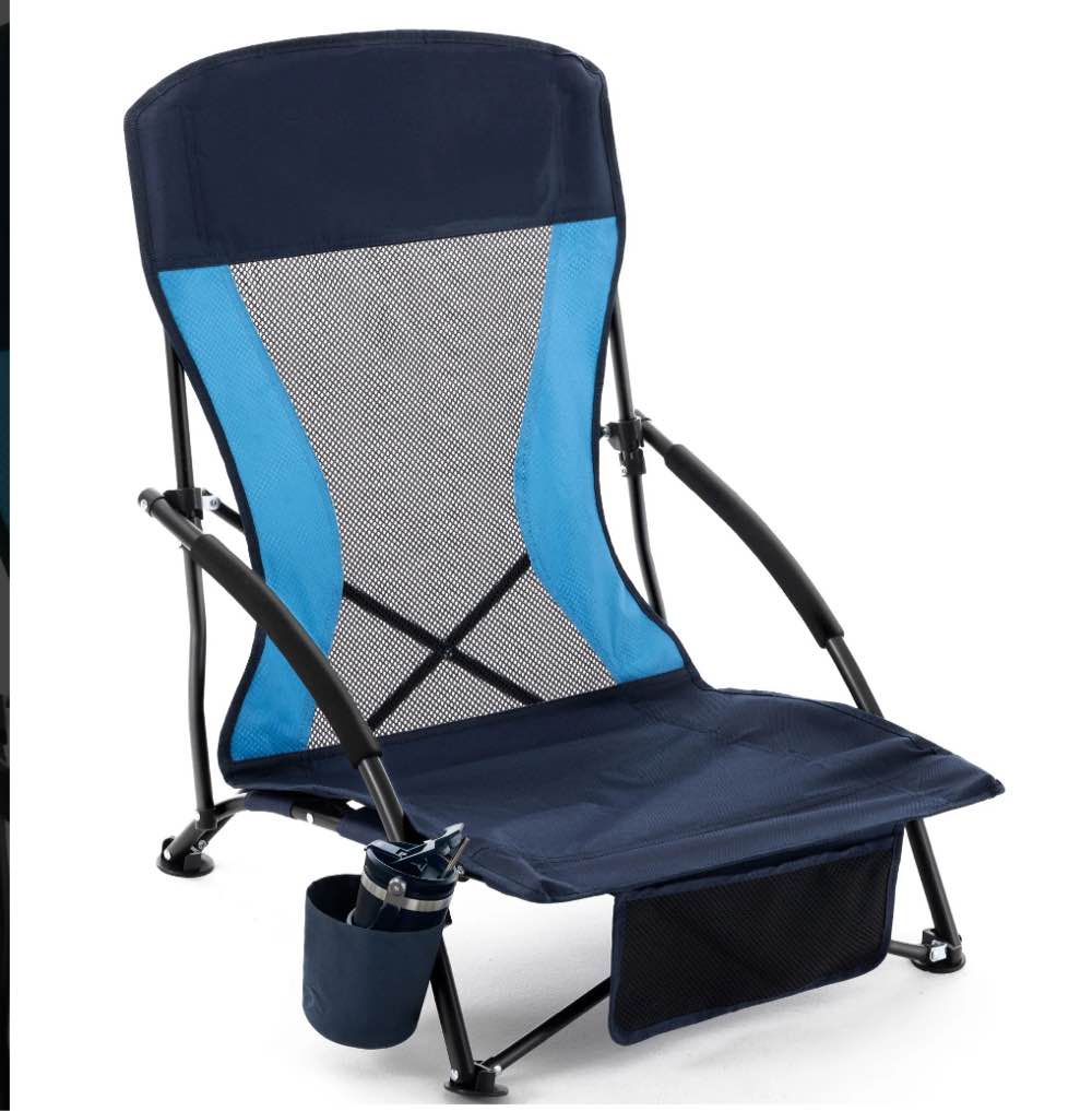 Honeilife Low Folding Beach Chairs for Adults, Portable Lightweight Chair with Cup Holder Mesh Back Lawn Chair with Carry Bag for Outdoor Camping Concert Travel, Navy Blue