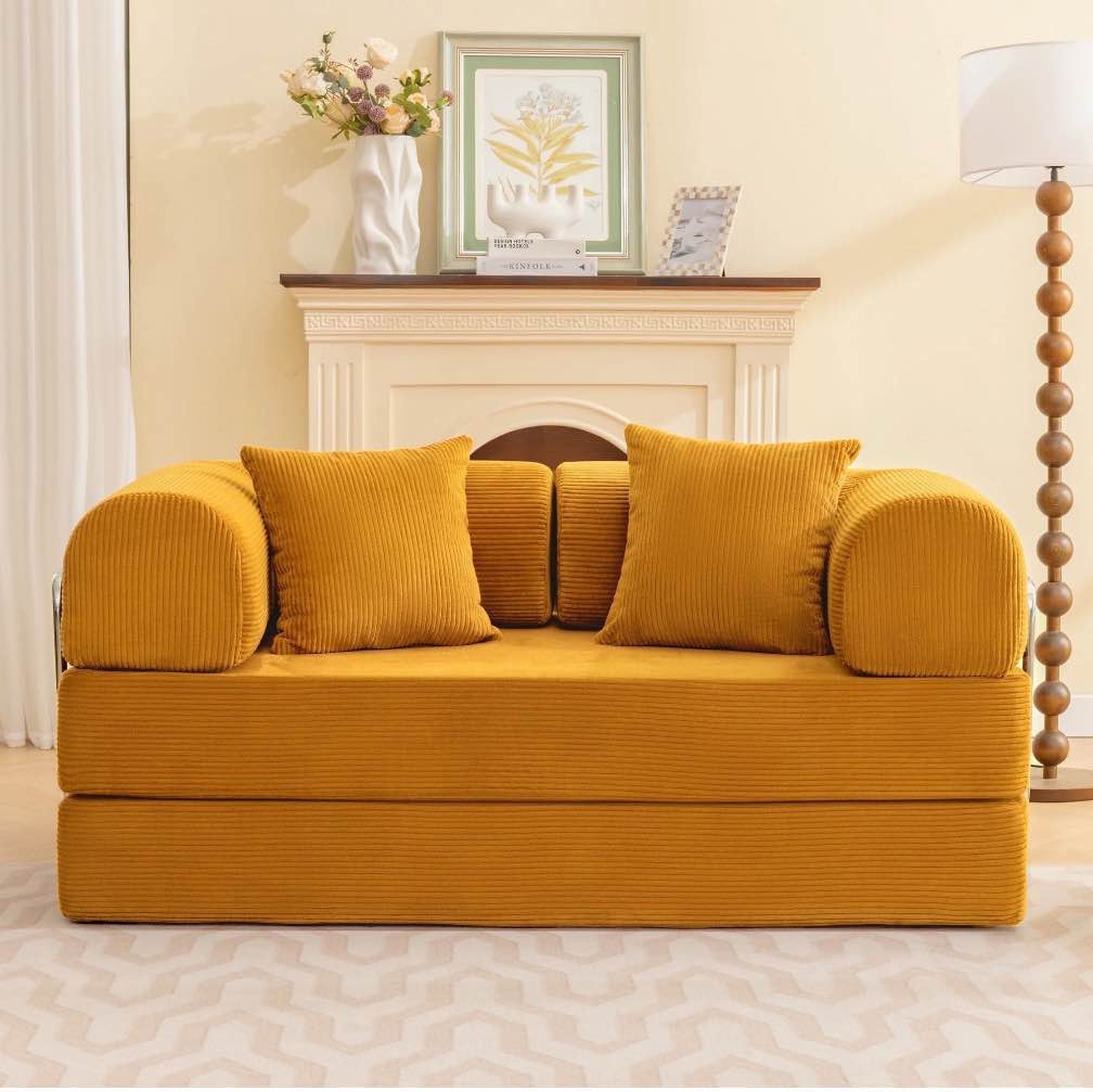 COOLHUT 63" W Combination Sofa, High Rebound Density Sponge Sofa Couch, Two Forms Floor Couch Three Seats Sofa Bed for Living Room, Bedroom, Ginger