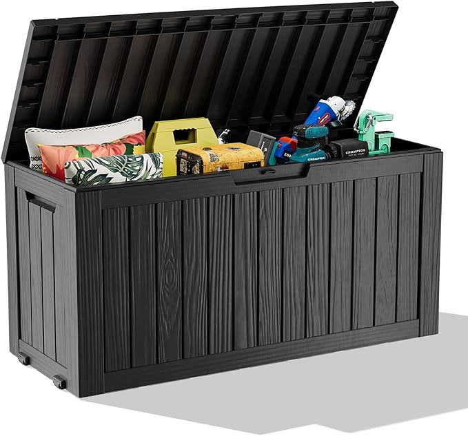 outdoor storage box with wheels – 75 gallon mobile waterproof resin deck box, lockable storage for patio cushions, garden tools, pool accessories – uv-resistant storage bench for backyard & deck