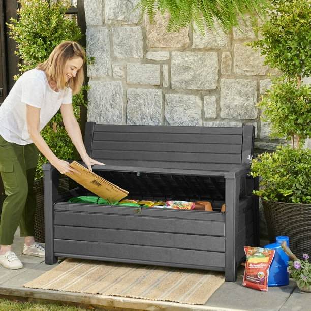 Keter Hudson Plastic Storage Bench, Graphite Gray, 60Gal