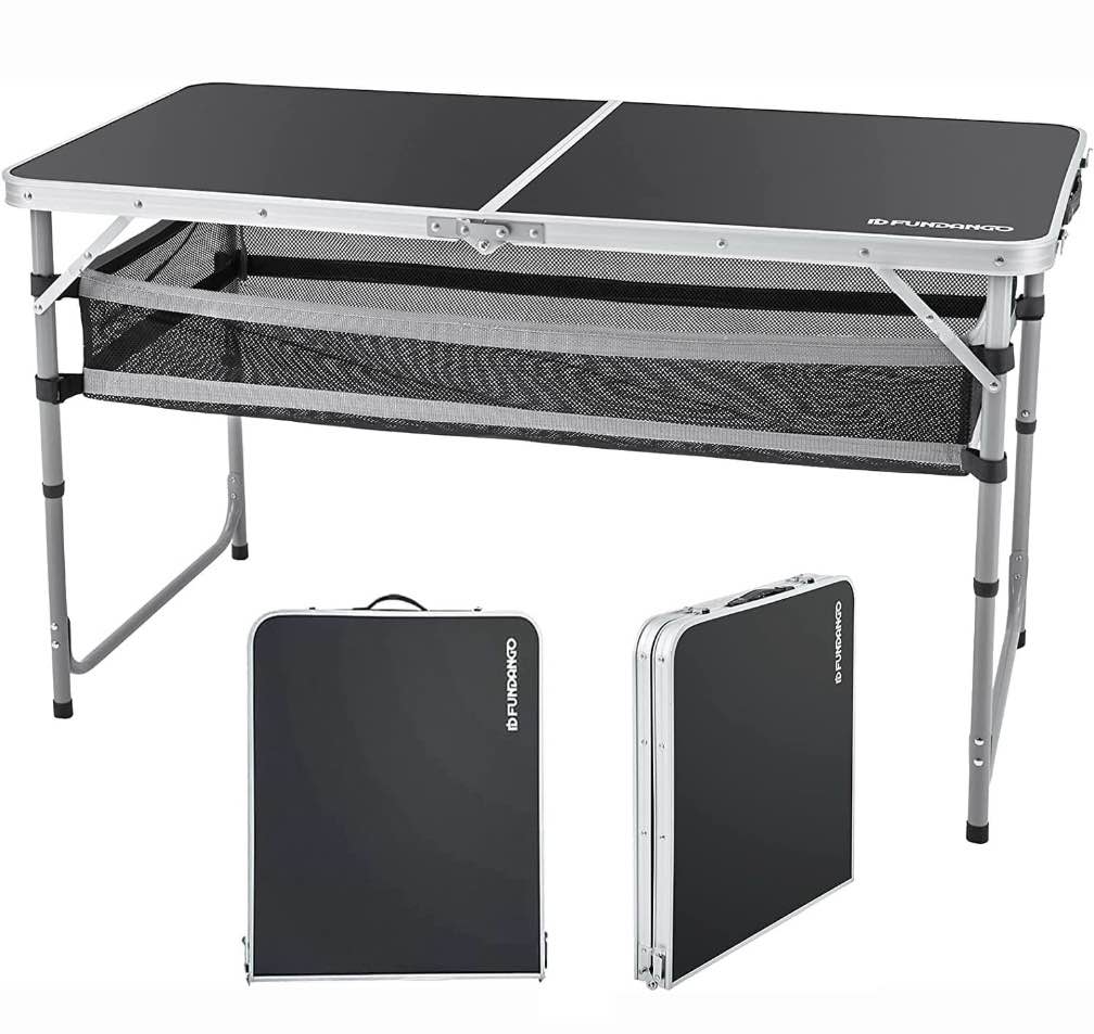 fundango black portable folding card table with adjustable mesh storage bag 2.7ft card table for camping, travel, outdoor folding card table with handle, 47.2"*23.6"*27.5", black