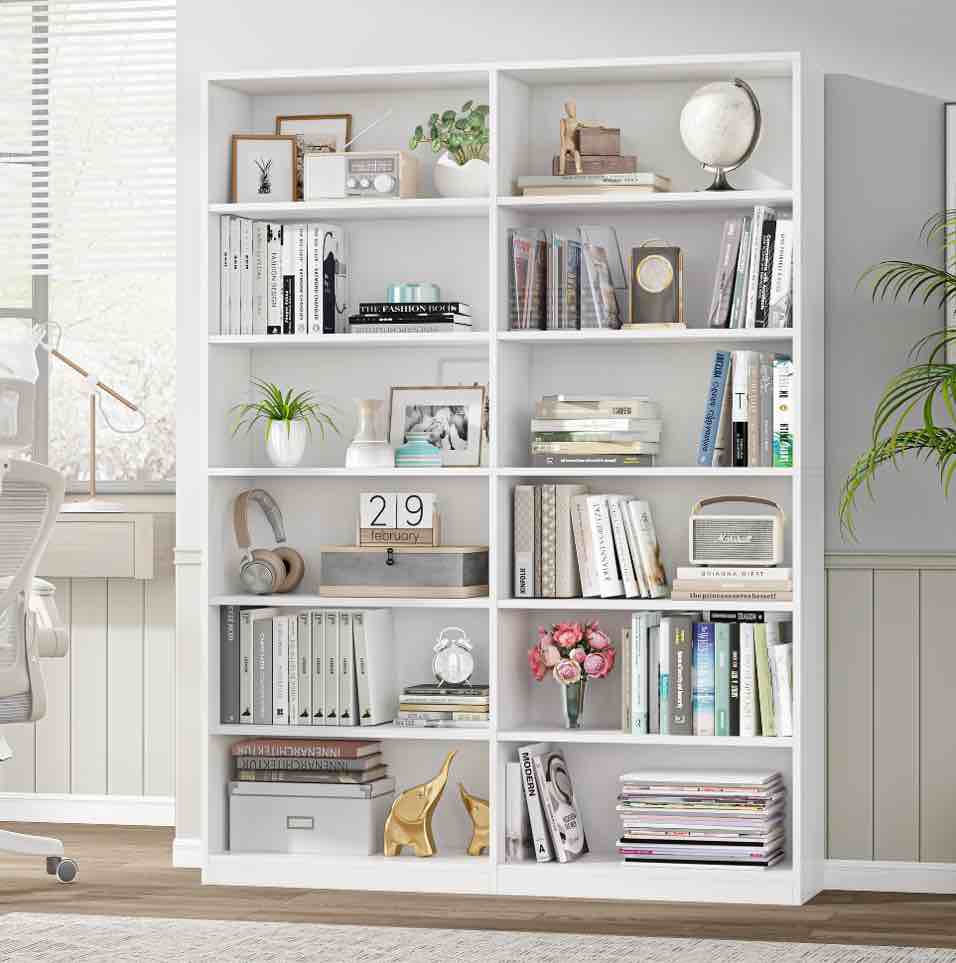 homfa 74.3” double wide 6-tier bookcase, extra large wooden freestanding display bookshelf for home office living room, white