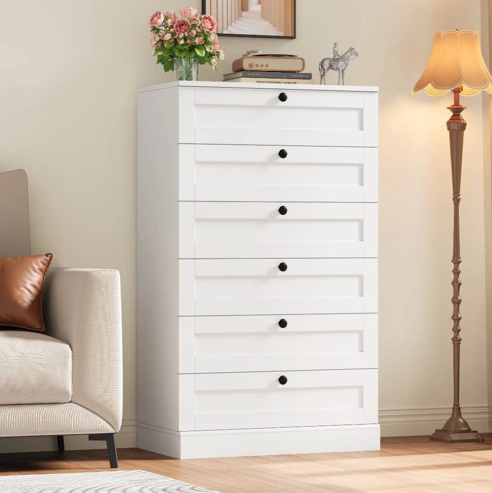 homfa 6 drawer vertical dresser for bedroom, modern chest of drawers wood storage cabinet for living room, white