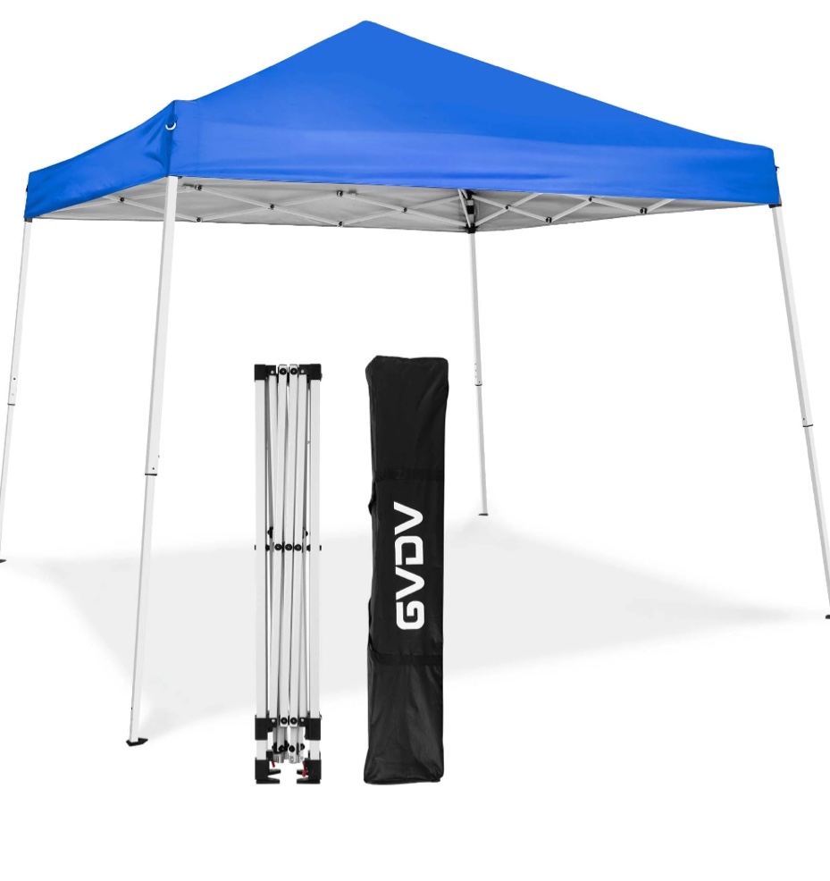 GVDV 10x10 ft Pop up Canopy Tent, Slant Leg Outdoor Canopy with Carry Bag, Beach Tent, Sports Shelter, Blue