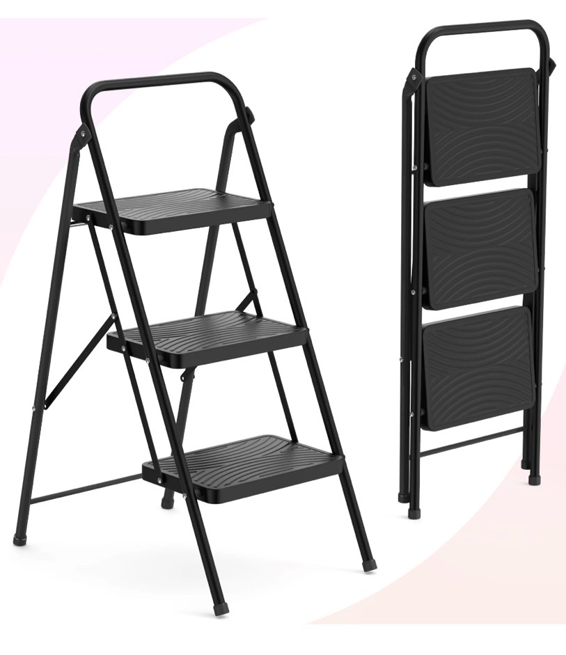 Jocauto 3 Step Ladder, Folding Step Stool for Adults with Wide Anti-Slip Pedal, Sturdy Portable 3 Step Stool, Lightweight, Black