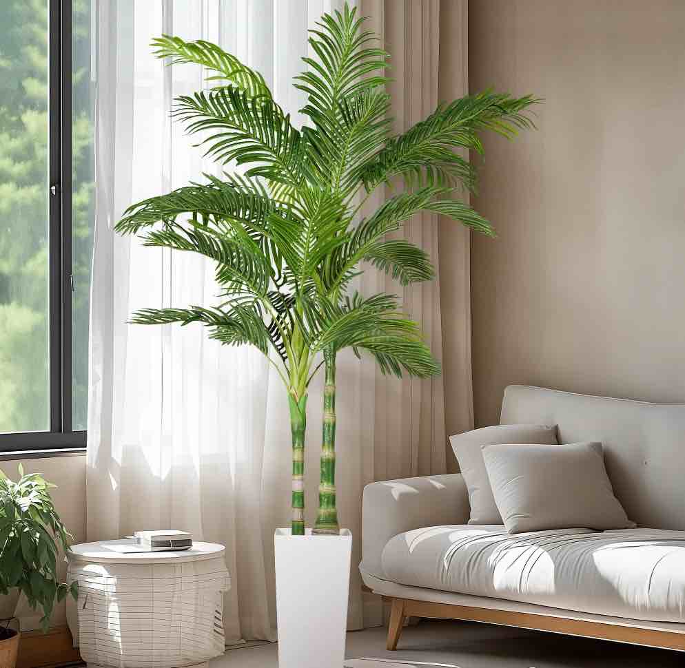 Anyact 6FT Artificial Golden Cane Palm Tree, Faux Palm Tree with Withe Planter,2 Natural Trunk and 24 Leaves for Indoor Home Decor