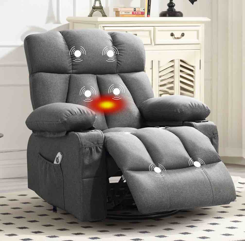 jonpony massage rocker recliner chair with vibration massage and heat ergonomic lounge chair for living room with rocking function and side pocket, 2 cup holders, usb charge port,grey