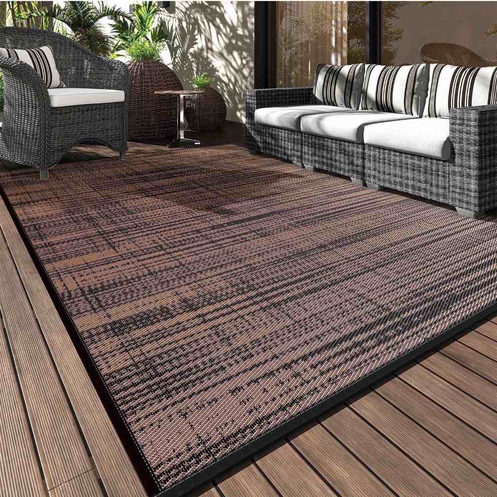 VUNATE Outdoor Rug Carpet 8'x10' Waterproof Reversible Patio Rug Portable Modern Abstract Indoor Outdoor Rug Plastic Straw Rug for RV Camping Garden Picnic Deck Backyard Porch Decor Black and Brown