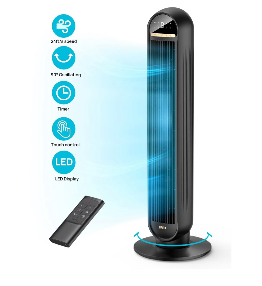 Dreo Tower Fans for Home  36  Standing Floor Fan with Remote  90° Oscillating Fan  24 ft/s High Velocity  LED Display  4 Speeds  4 Modes  8H Timer  Quiet Bedroom Fan