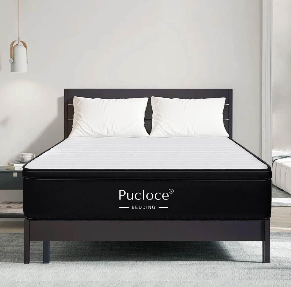 Pucloce 10 inch Queen Size Mattress, Memory Foam & Innerspring Queen Mattress in a Box, Hybrid Mattress for Pressure Relief, White and Black