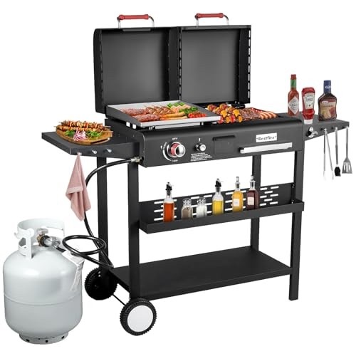 bestfire double fuel propane gas charcoal grill combo black dual lids, 2 side shelves for outdoor and backyard cooking