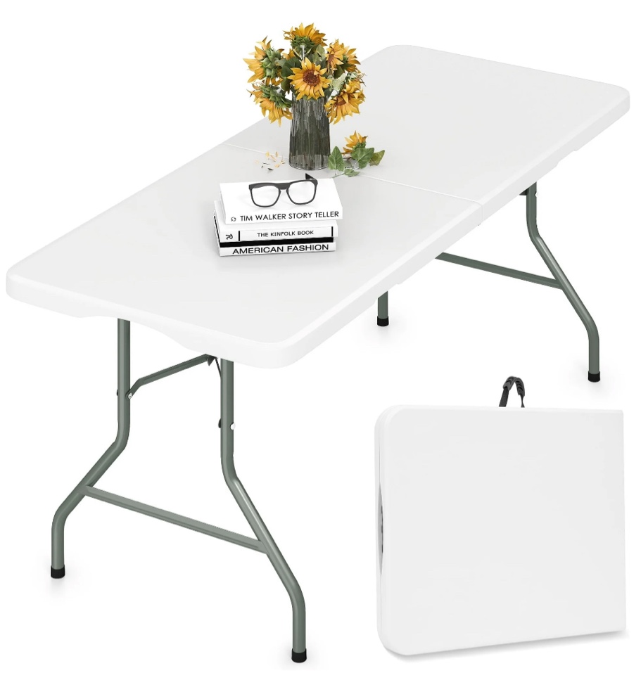 Harigal 5ft Folding Table Plastic 5 Foot Folding Table with Carry Handle for Events, Parties, Picnics, White