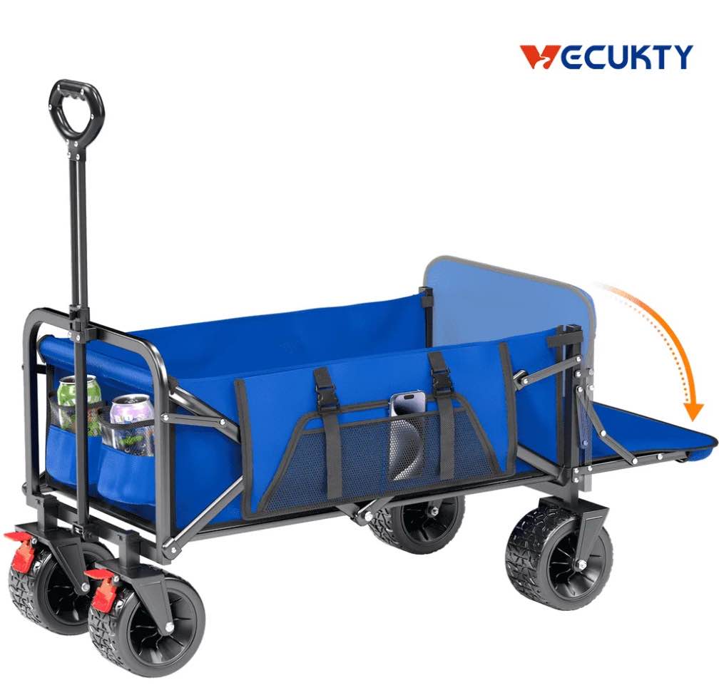 Vecukty Collapsible Camping Garden Wagon, All-Terrain Tank Wheels for Camping With Extended Tailgate, Sports, Shopping, Beach, Support Up to 330lbs, Blue