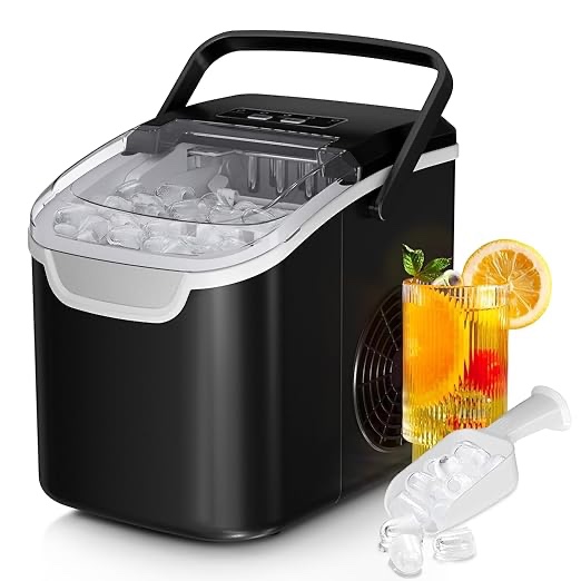 Ice Maker Countertop, Portable Ice Machine 9 Cubes in 6 Mins, 26lbs in 24Hrs, 2 Sizes of Bullet Ice Self-Cleaning with Ice Scoop, Bag, and Basket, for Kitchen, Party, RV, Bar-Black