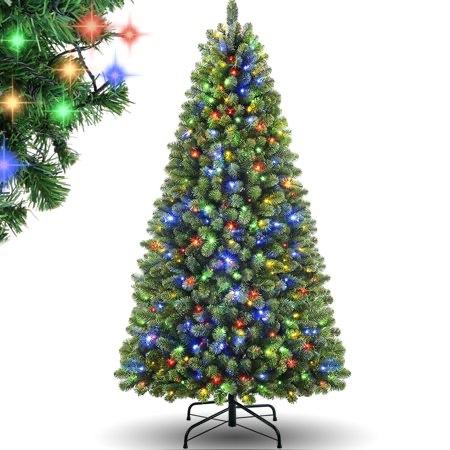 6ft Premium Pre-Lit Hinged Artificial Christmas Tree Full Tree with 1477 PVC Branch Tips 300 Multicolored Lights 8 Light Sequences