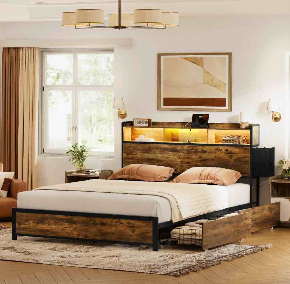 GUNAITO Full Bed Frame with 2 Drawers Headboard Platform LED Bed Frame with 2 Storage Drawers USB Ports & Outlets Rustic Brown