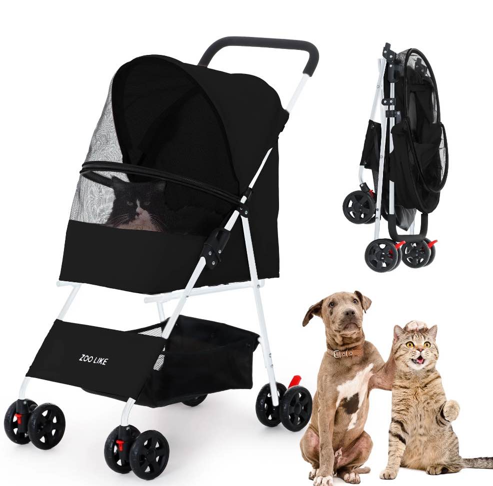 zoolike 4-wheeled pet stroller for cats & dogs, foldable travel carrier with 360-degree swivel, black
