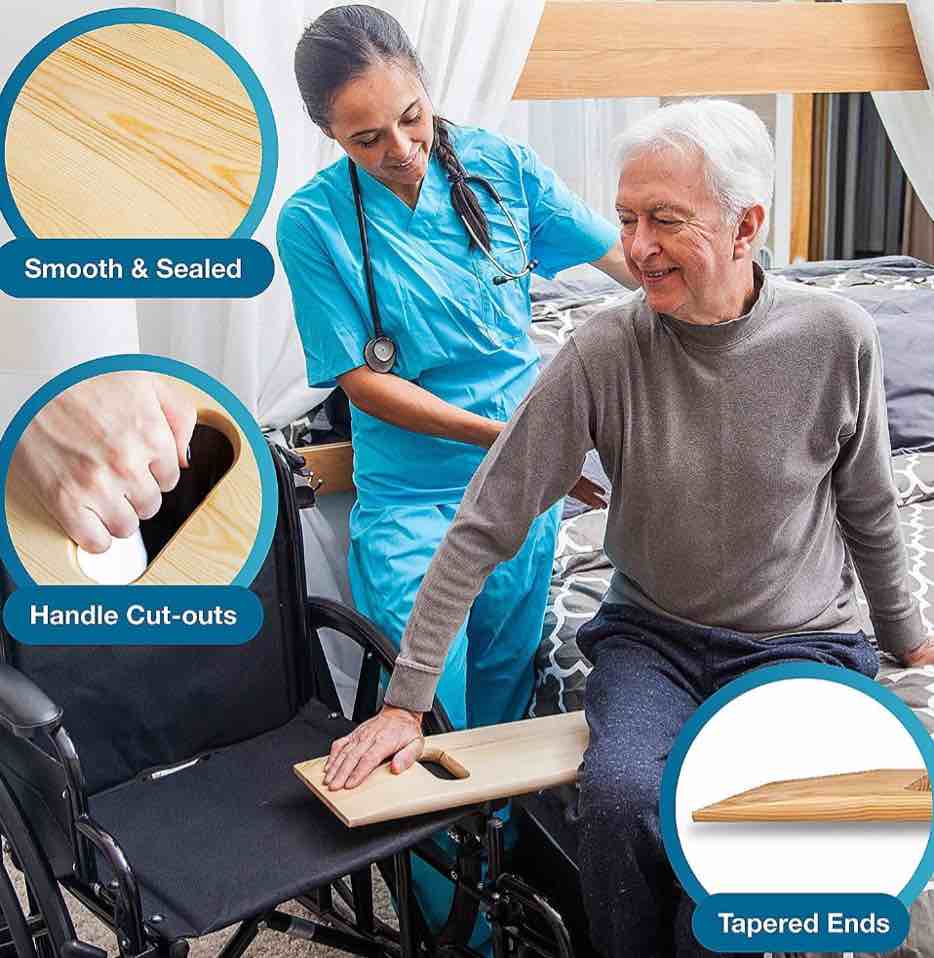 dmi transfer board and slide board fsa eligible made of heavy-duty wood for patient senior and handicap move assist and slide transfers holds up to 440 pounds 2 cut out handles 30 x 8 x 1