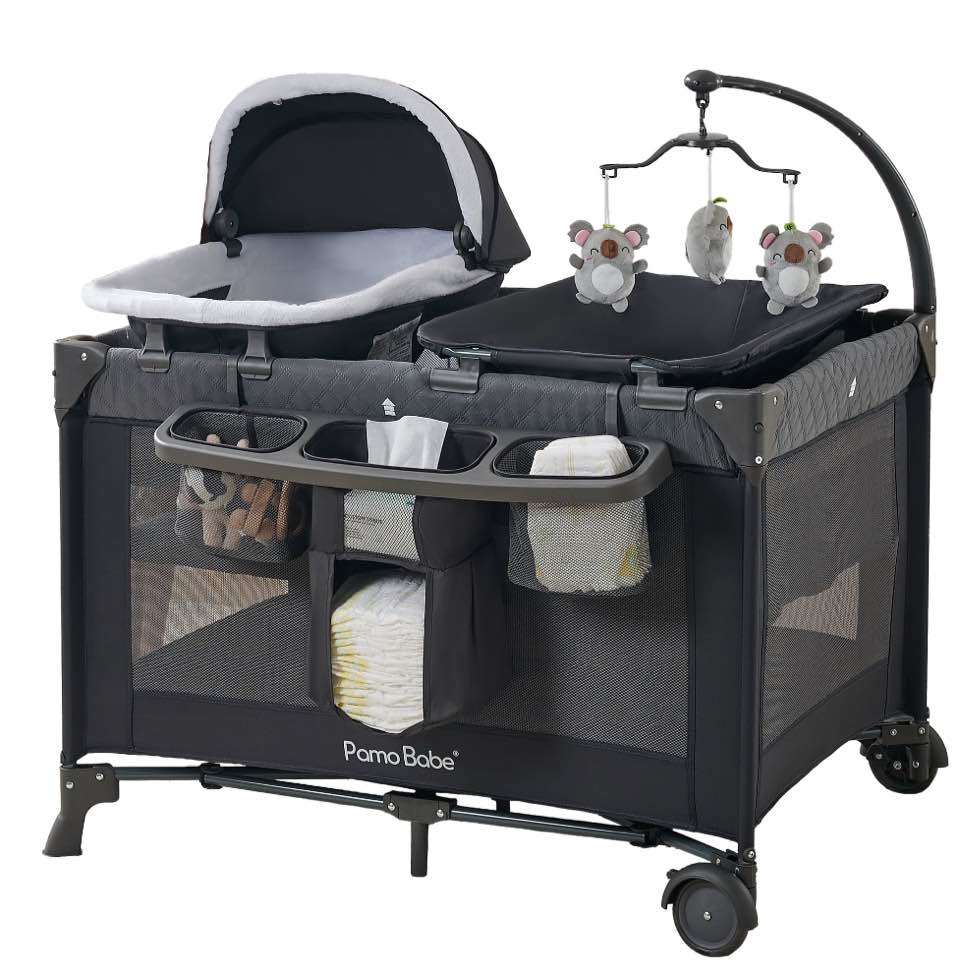 pamo babe unisex nursery center playard with bassinet & changing table for newborn,grey