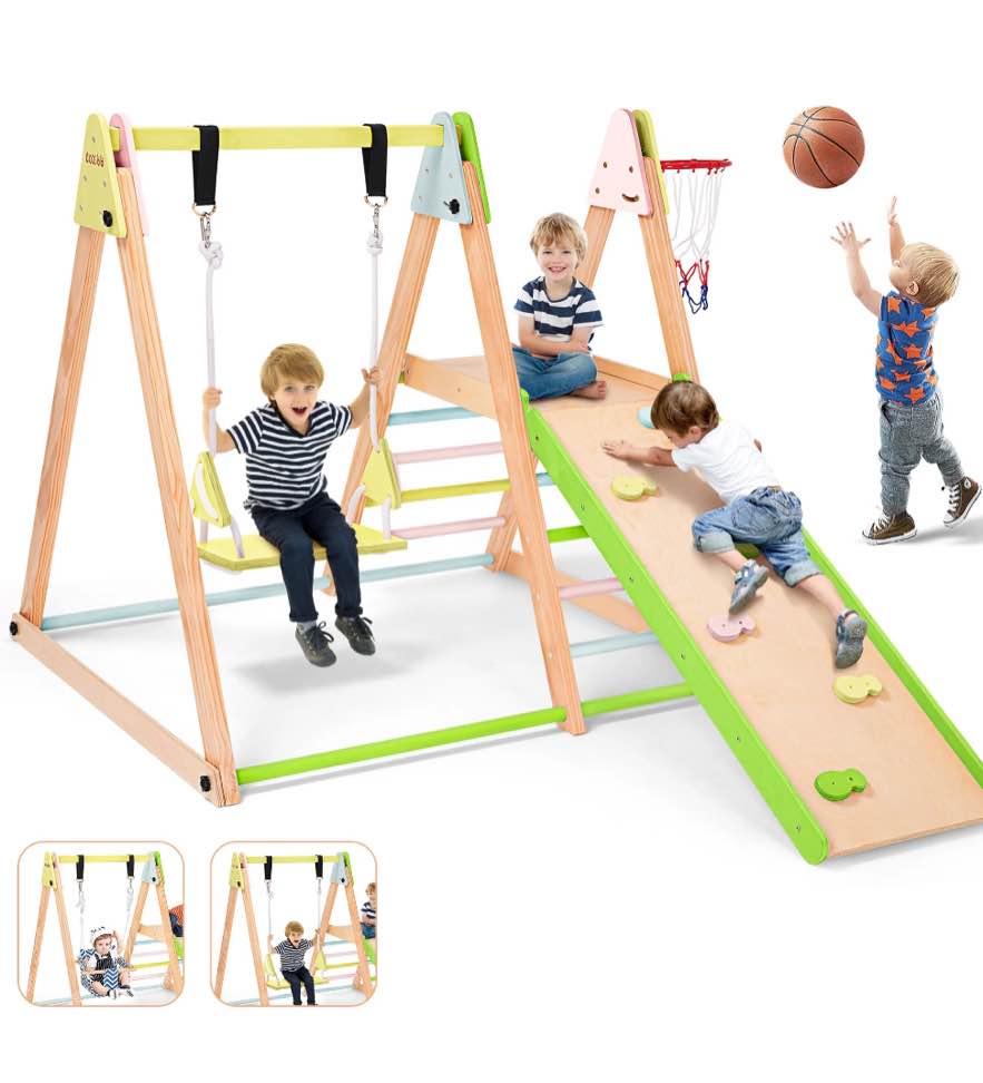 7-in-1 Toddlers Triangle Climbing Toys Set with 2 Swings, Foldable Wood Montessori Climber Kids Indoor Outdoor Playground Jungle Play Gym for Boys Girls