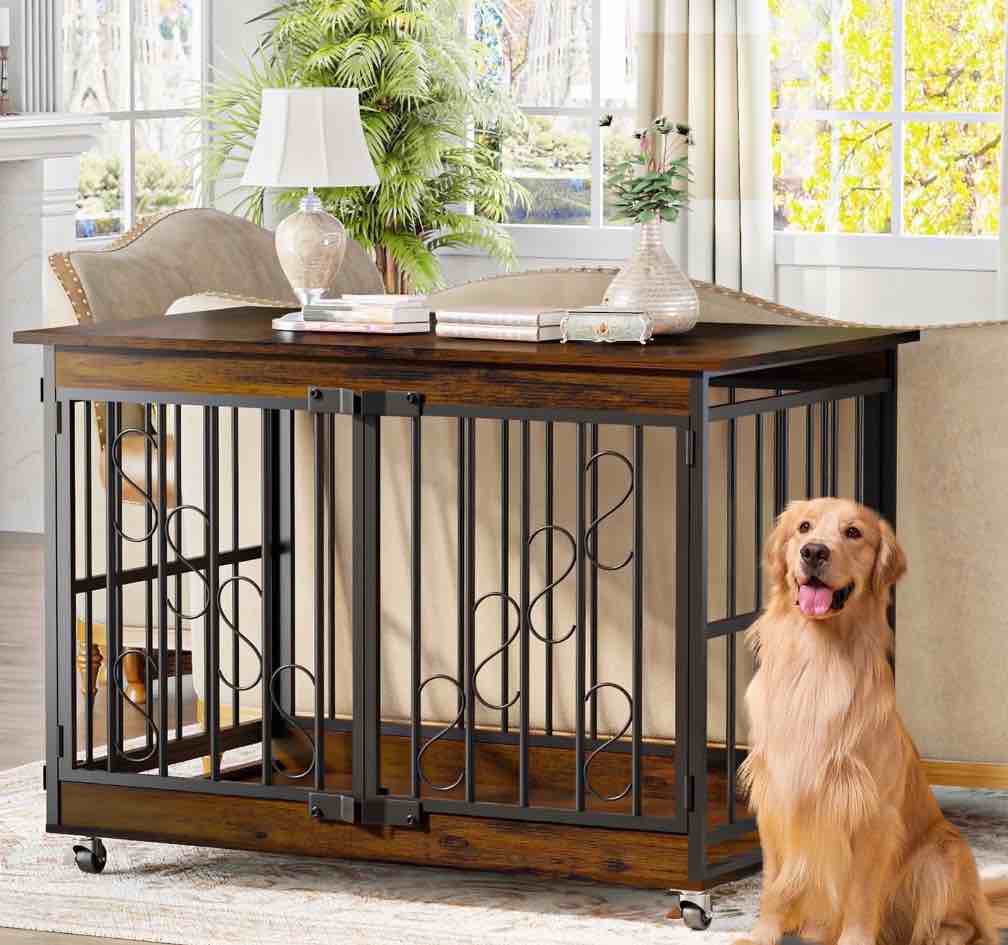 48 inch dog cage furniture for extra large dog, double-doors heavy duty dog crate with 360° caster wheels, dog kennel indoor decorative pet house dog cage table, brown