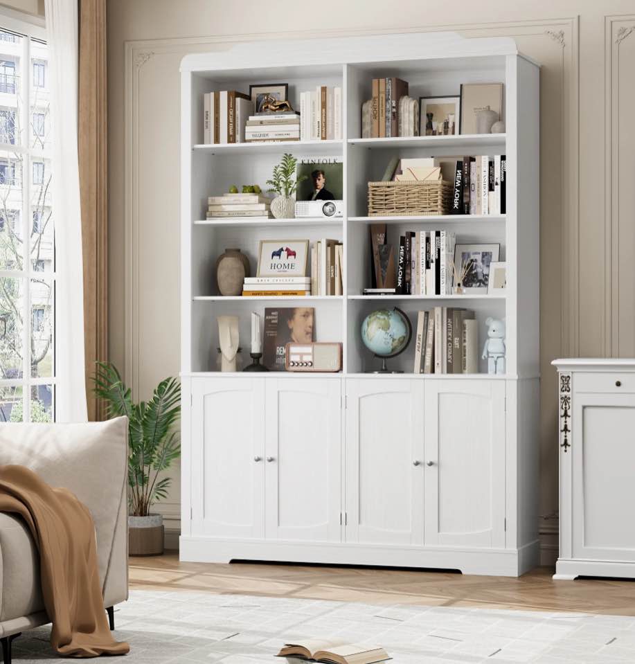 homfa 73'' tall bookcase with 4 doors, 6-tier 8 cubes display bookshelf, double row bookcase with adjustable shelves for living room home office, white