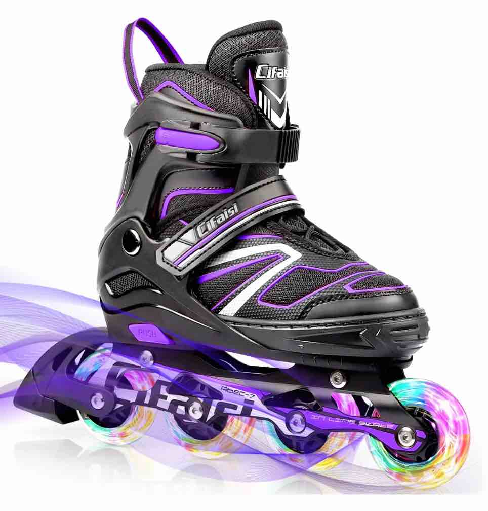 Cifaisi Adjustable Unisex Kids Inline Skates with Illuminating Wheels Aluminum Frame Purple and Black, XL, 4.4 lb