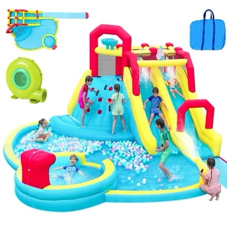 Neche 7 in 1 Large Inflatable Water Slide Bounce House 220.4 X 102.3 X 193.3 with 750w Blower 2 Water Slides Double Blow up Splash Deep Pool Clim