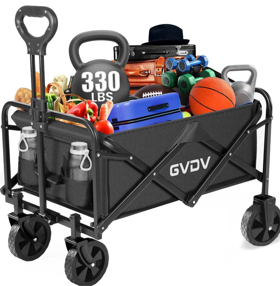 GVDV Collapsible Wagon Cart, Portable Utility Wagon for Camping, Beach, Picnic, Shopping, Sports, and Grocery Transport, Black