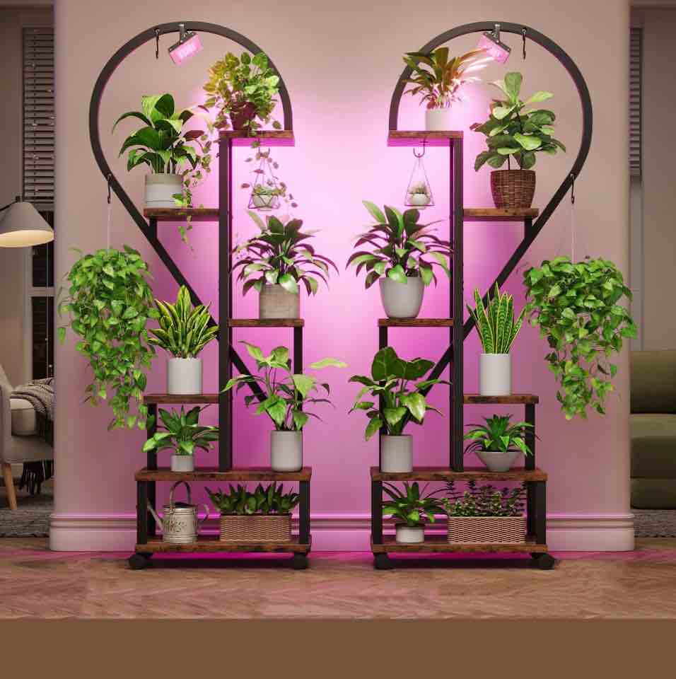 Bestier 65 inch Heart Shaped Plant Stand with Grow Lights & Wheels, 6-Tier Tall Metal Plant Shelf Display Shelf with Hanging Hooks for Indoor & Outdoor, Rustic